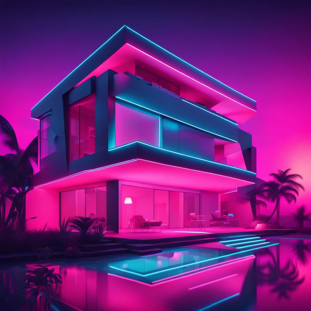 Synthwave Neon Modern House in Retro Style