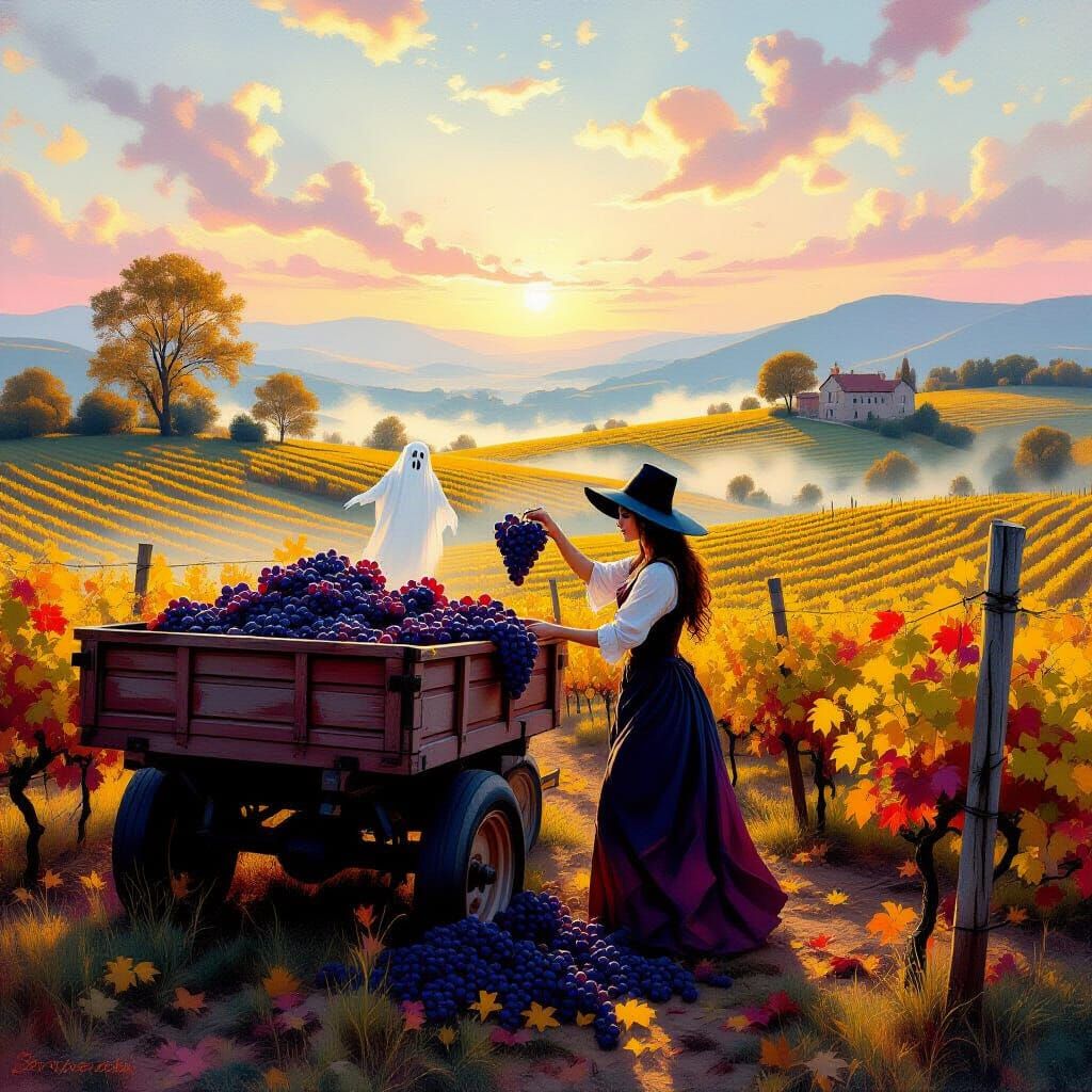 Vampire Harvesting Haunted Grapes in Luminous Vineyard