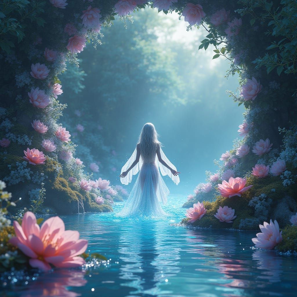 Enchanting Crystal Flower Landscape with Water Nymph