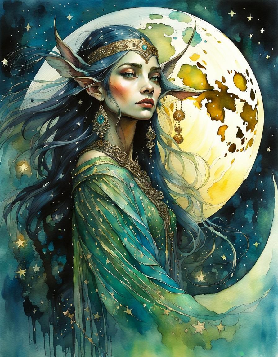 Watercolor Elf Overlooking Moonlit Balcony