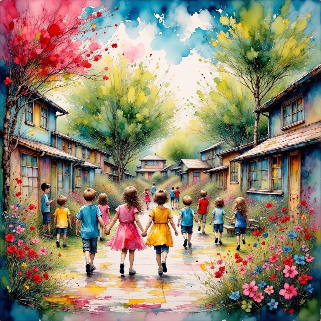 Children Playing Hopscotch in Vibrant Schoolyard