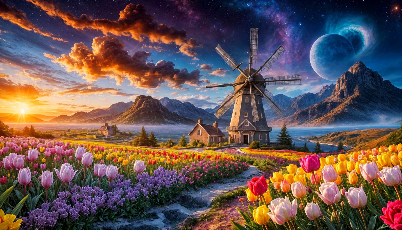 Golden Filigree Windmill Amidst Vibrant Tulip Fields and Sun...