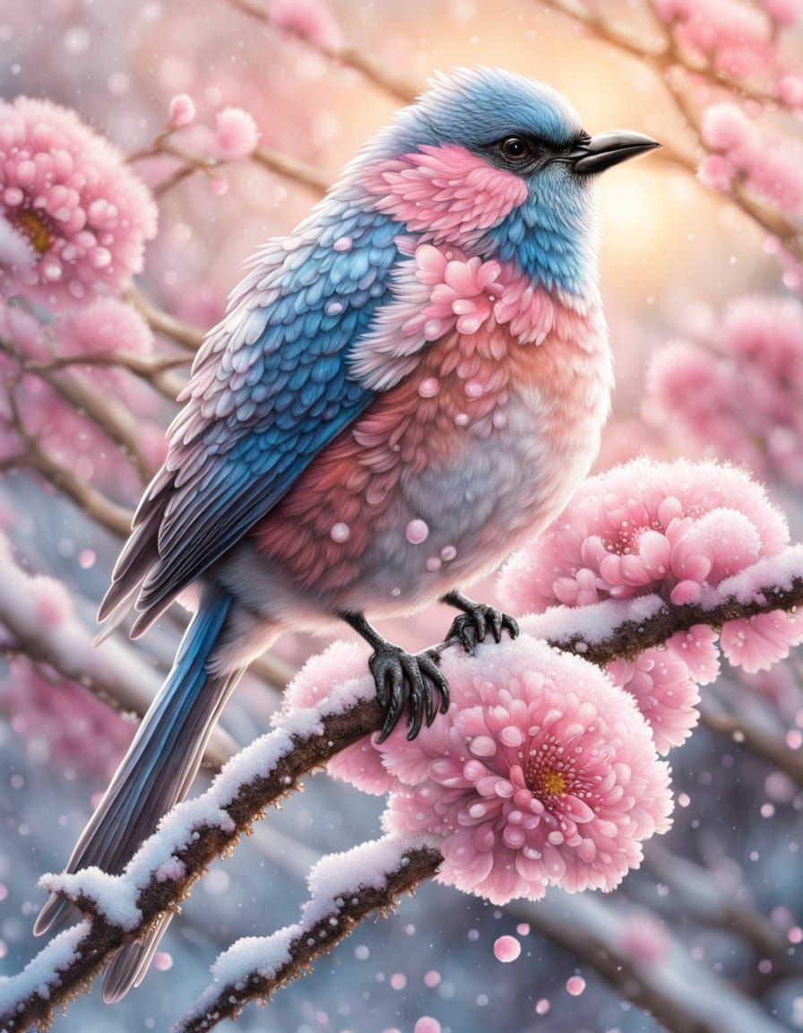 Vibrant Sunrise Bird on Branch with Pink Flowers and Snow