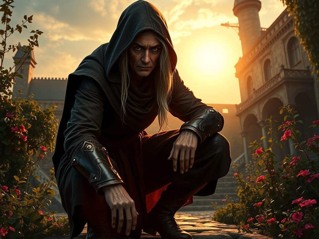 Glossy Medieval Huntress in a Sunny Garden