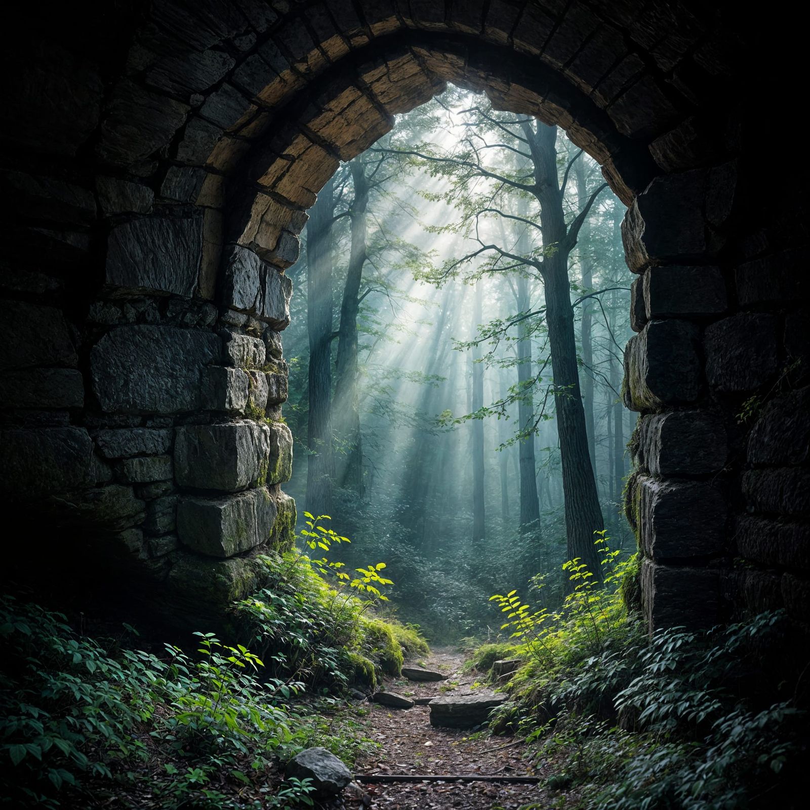 Sunlight Peeking Through Castle Wall in Dark Forest
