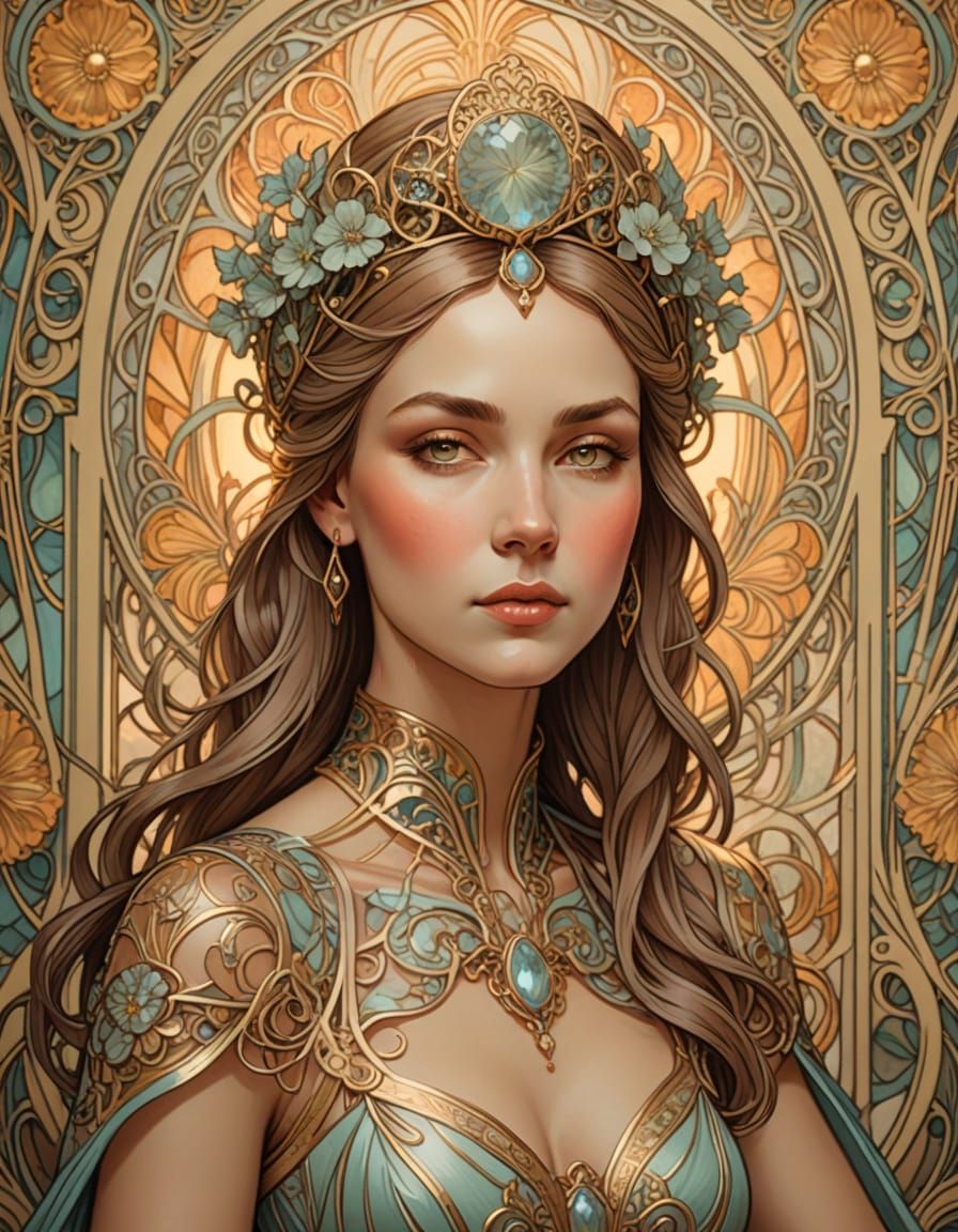 Art Nouveau Woman on Throne in Pastel Hues