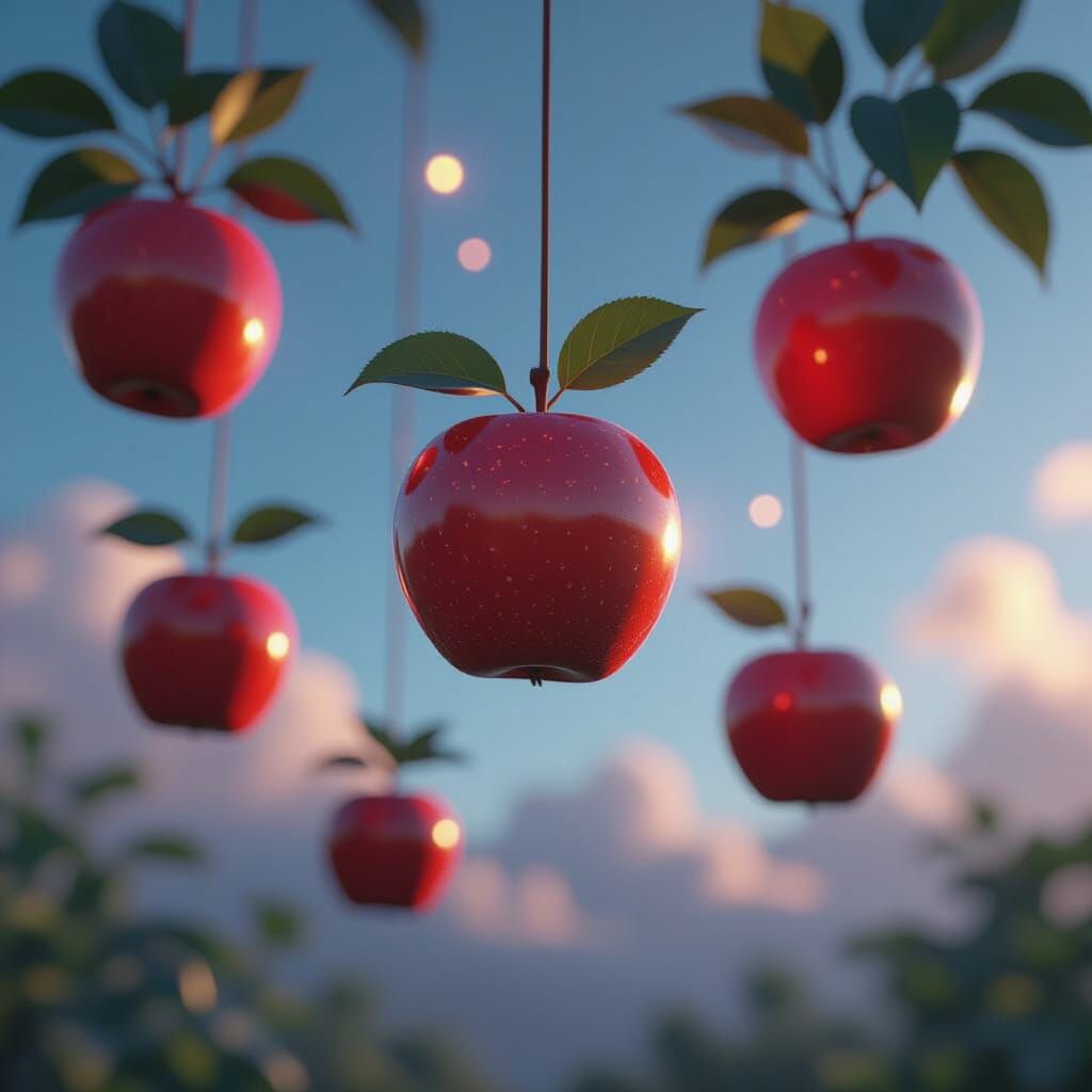 Vibrant Floating Apples in Epic 3D Cinematic Sky