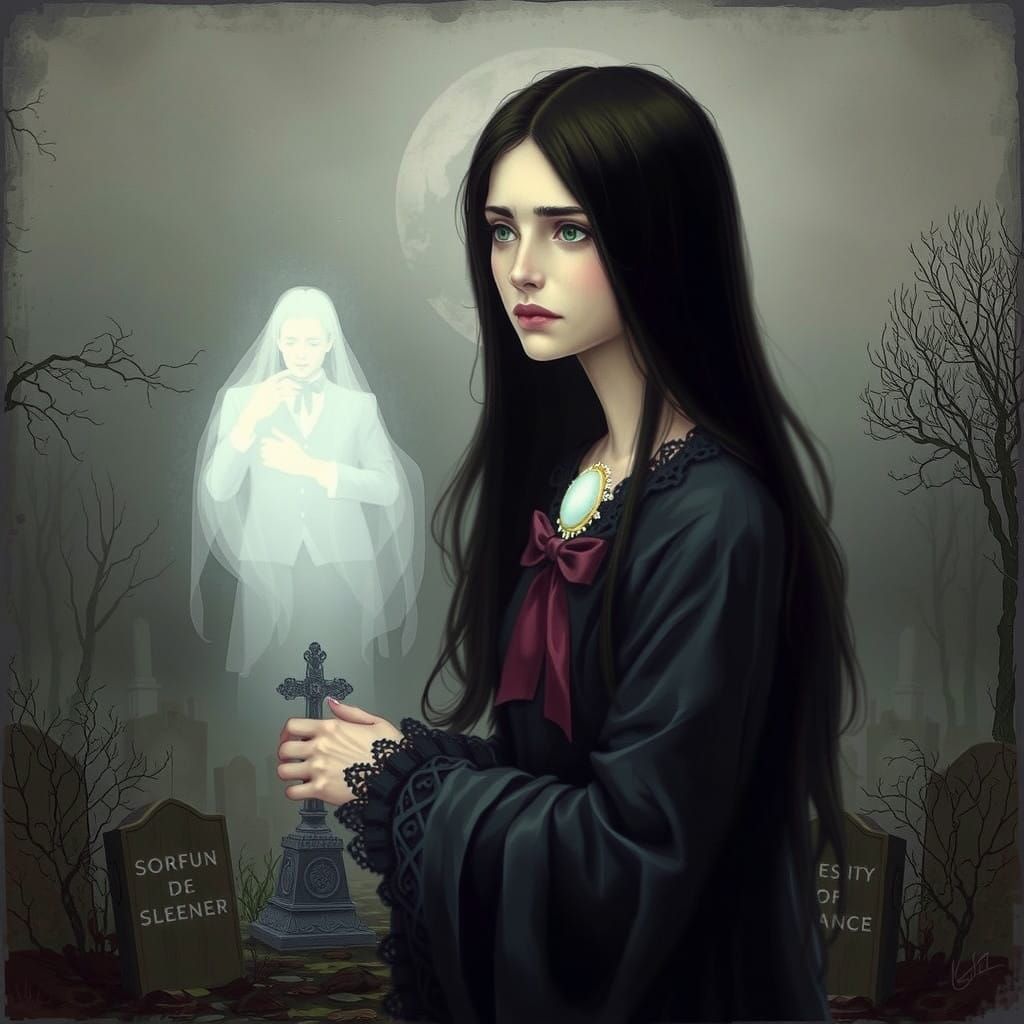 Ethereal Mourning in a Misty Graveyard Scene