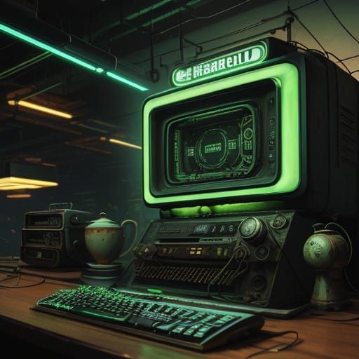 Retro-Futuristic Teapot in Distressed, Neon-Lit Still Life