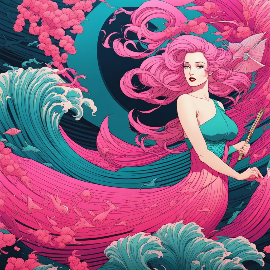 Fierce Mermaid in Vaporwave Style with Neon Accents