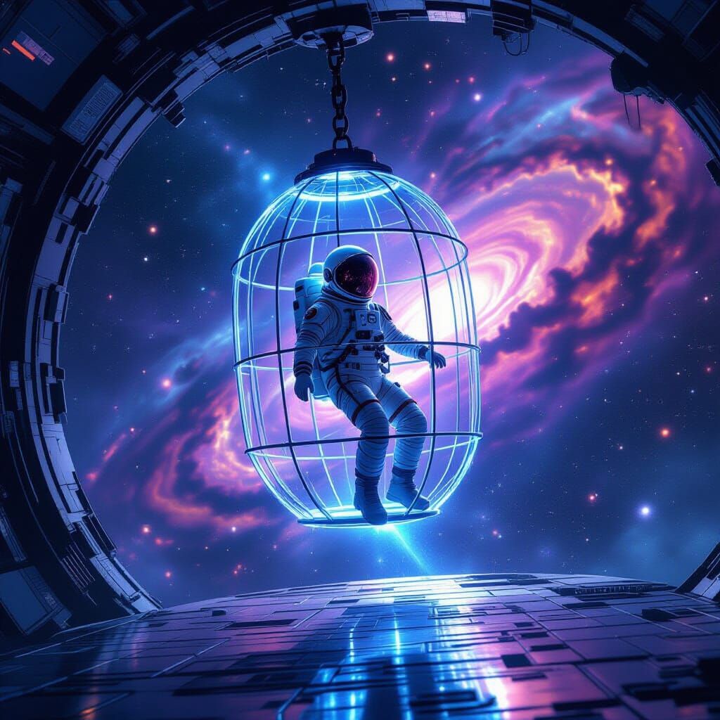 Astronaut Adrift in Cosmic Nebula, Enclosed in Energy Field