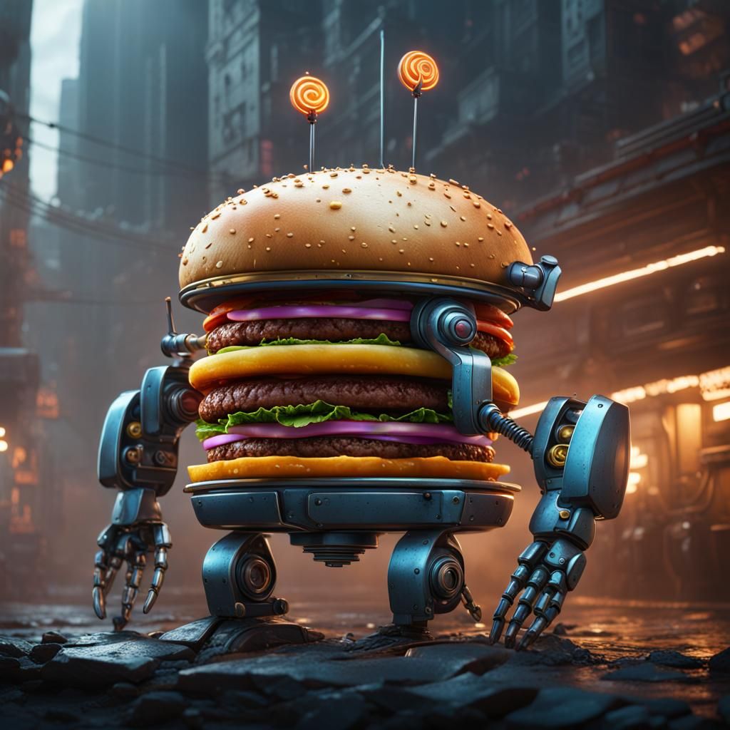 Hamburger Robot Concept Art in Detailed Matte Style