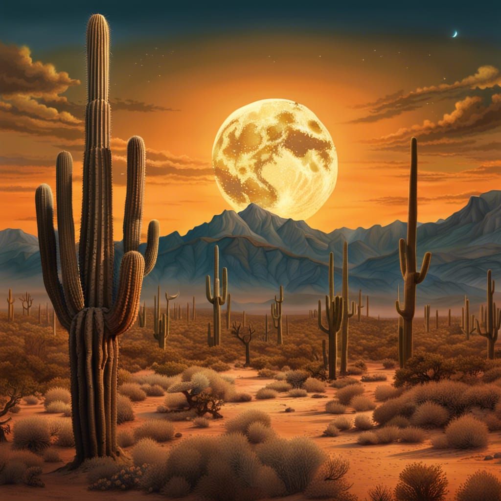 Sonoran Desert Panorama Under Crescent Moon