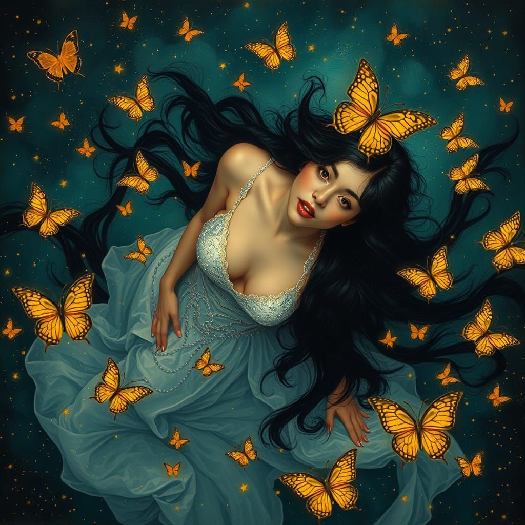 Ethereal Woman Floating in Starry Klimt-Inspired Dreamscape