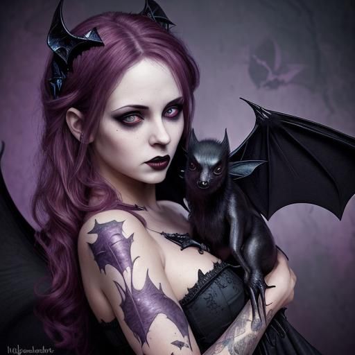 Gothic Woman Cuddling a Bat: Hyperrealistic Art