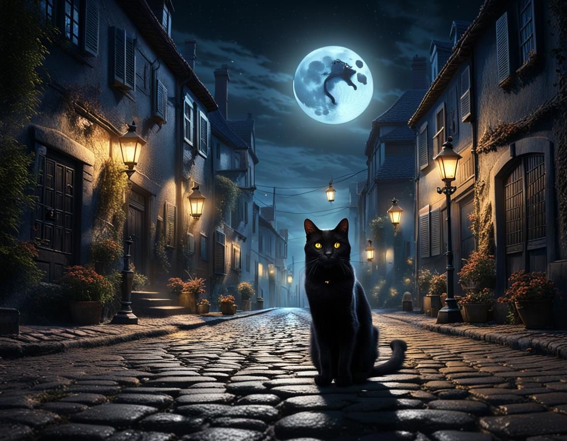 Black Cat on Cobbled Street Under Full Moon