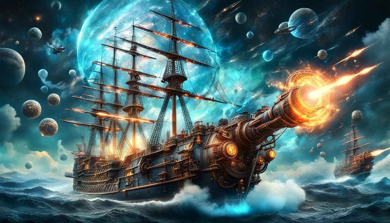 Steampunk Airships Battle Among Stars