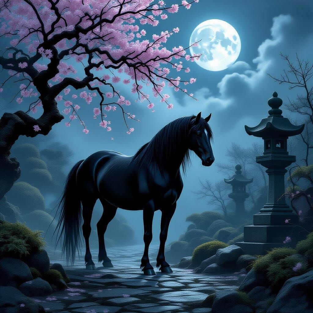 Black Horse in Moonlit Overgrown Japanese Garden