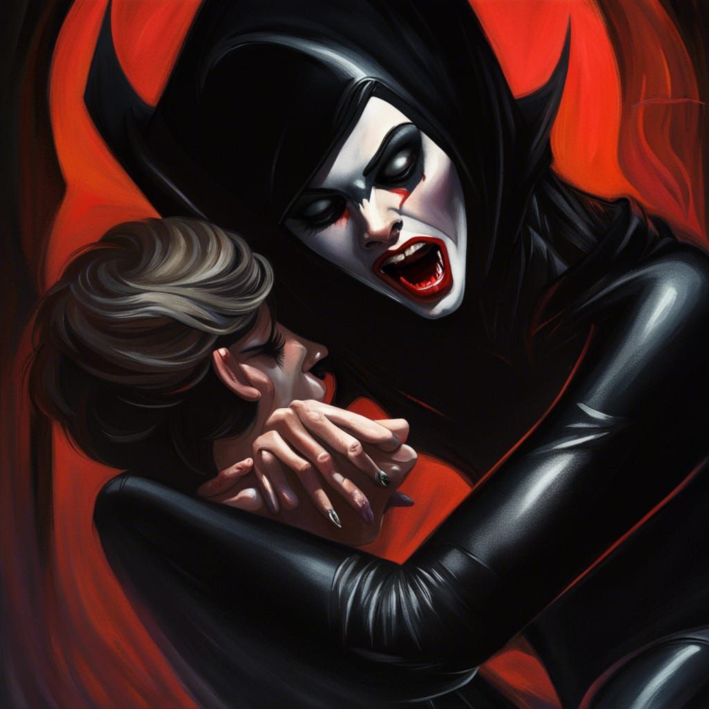 Vampire Woman Biting Tiny Man in Spandex