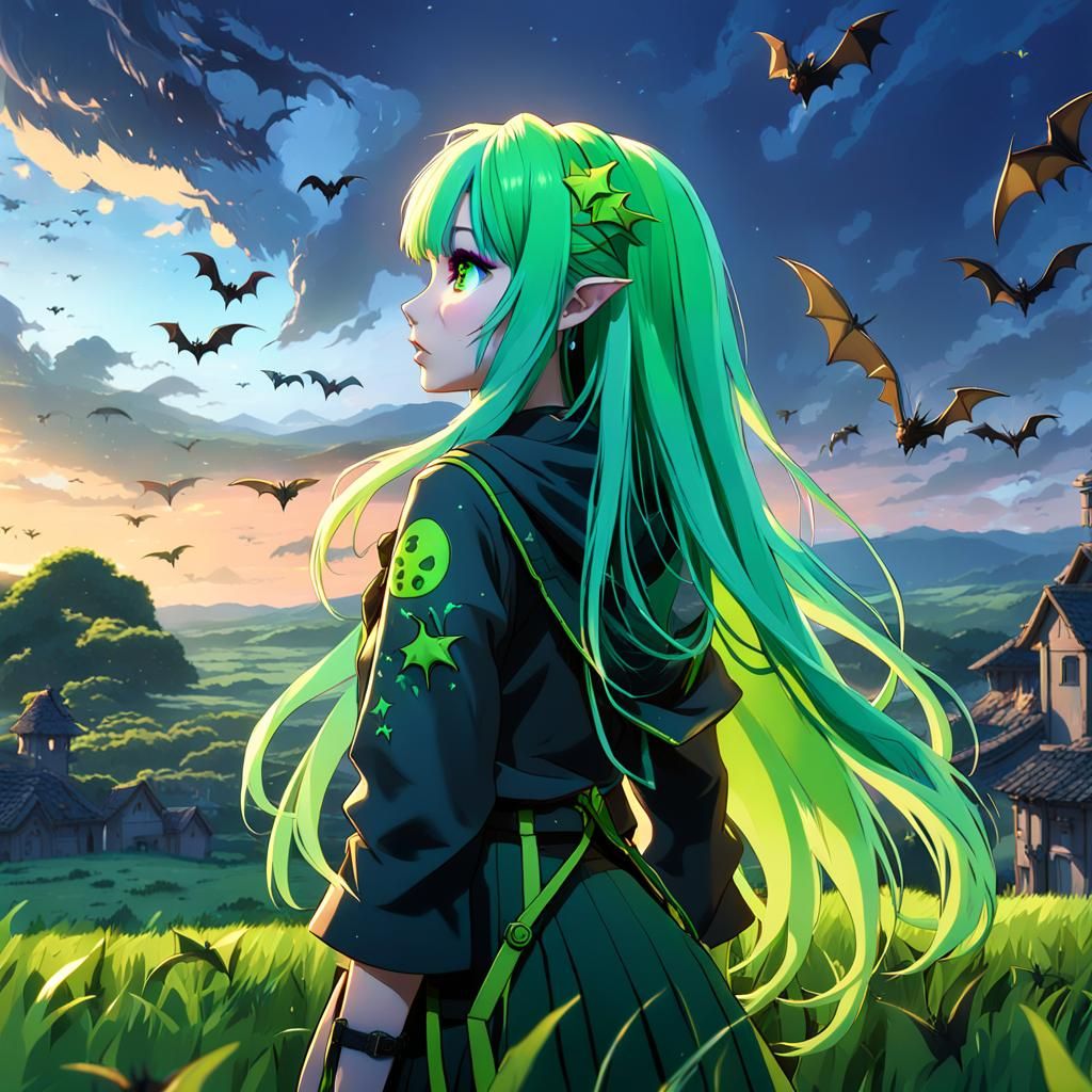 Anime Girl Watching Bats in Detailed Matte Painting