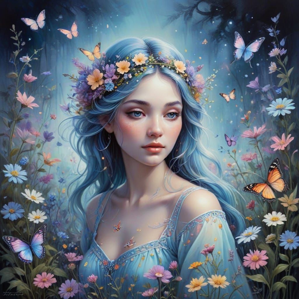 Dreamy Hippy Princess Among Wildflowers, Ethereal Fantasy Ar...