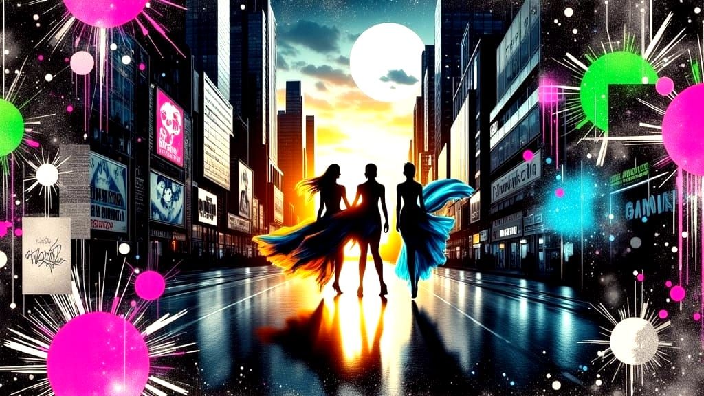 Ethereal Shadow Dancers in Art Deco Cityscape