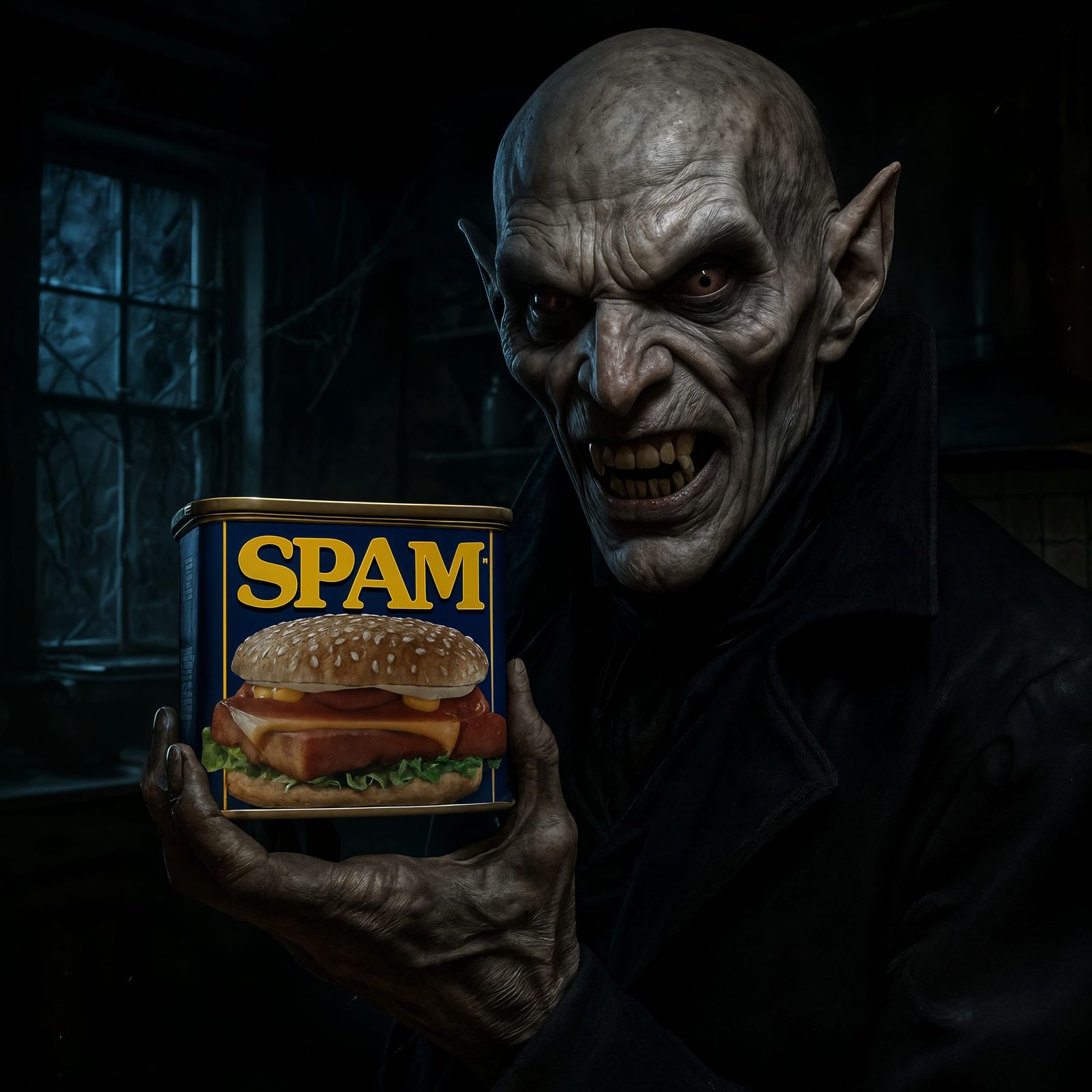 CGI Vampire in Haunted Kitchen Holding Spam