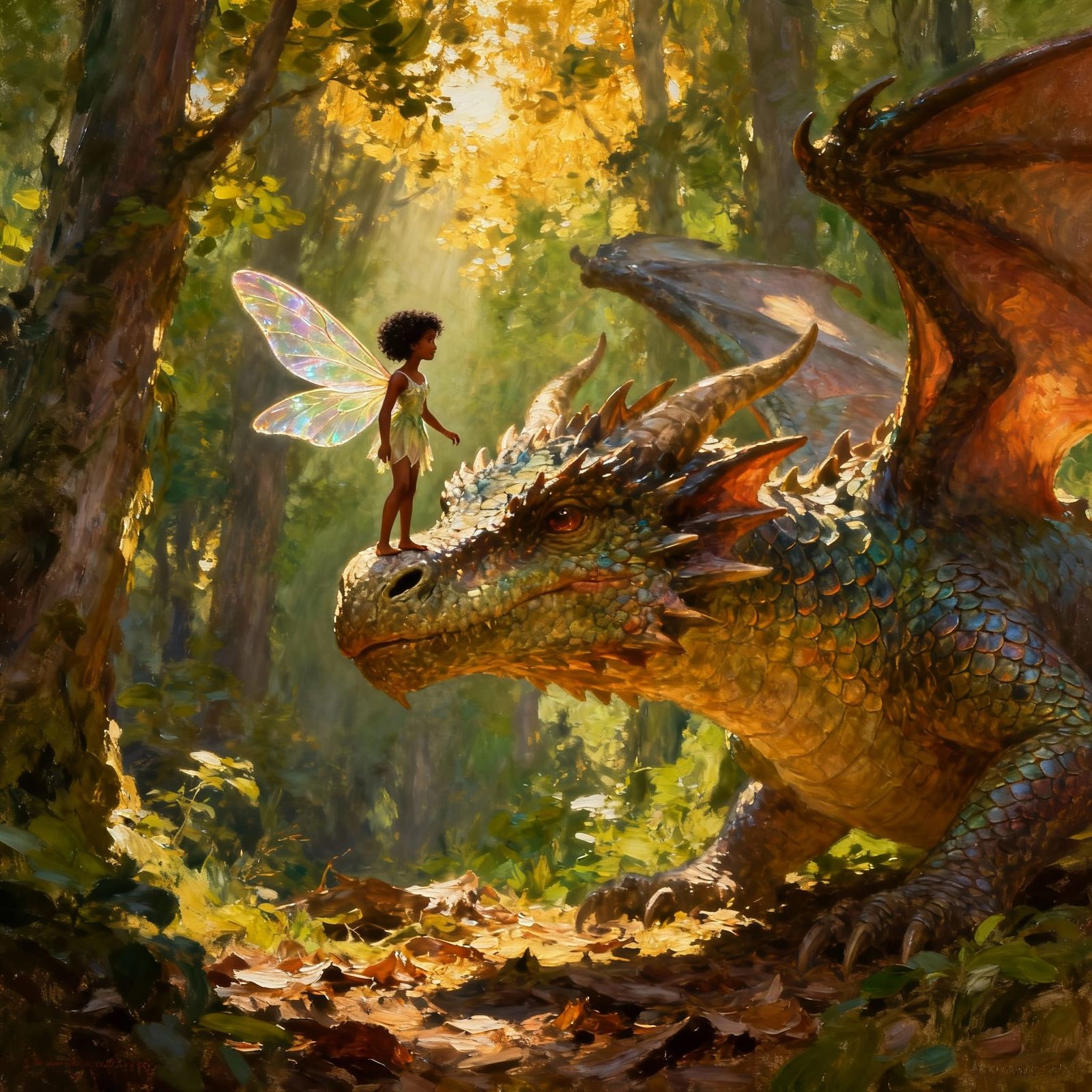African American Fairy and Dragon in Forest Oil Painting
