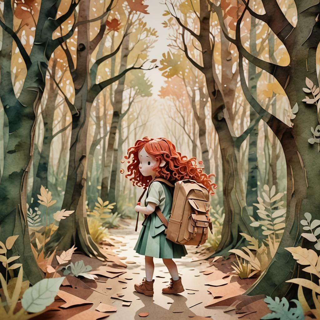 Whimsical Papercraft Girl Playing in Forest
