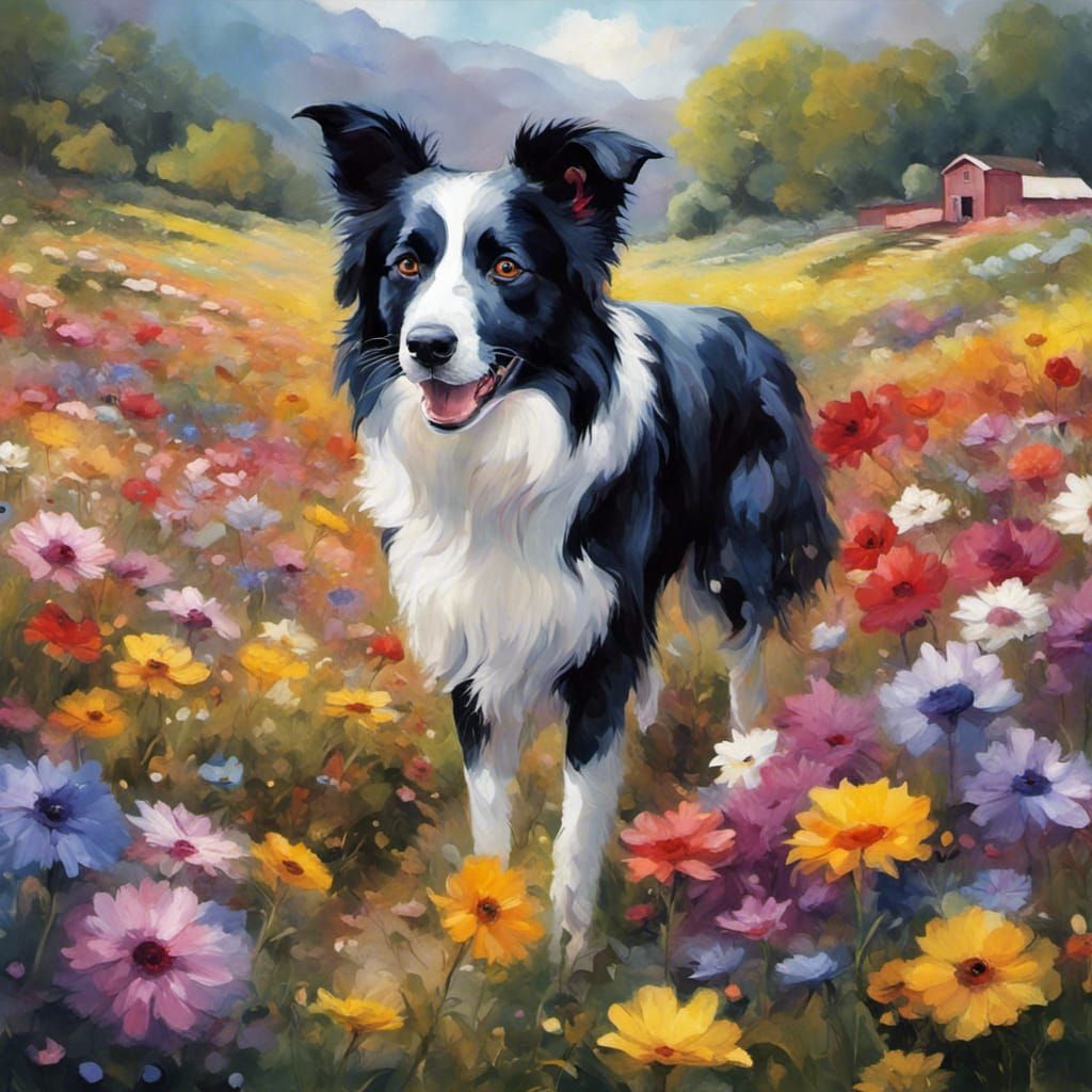 Border Collie in Colorful Wildflower Farm Painting