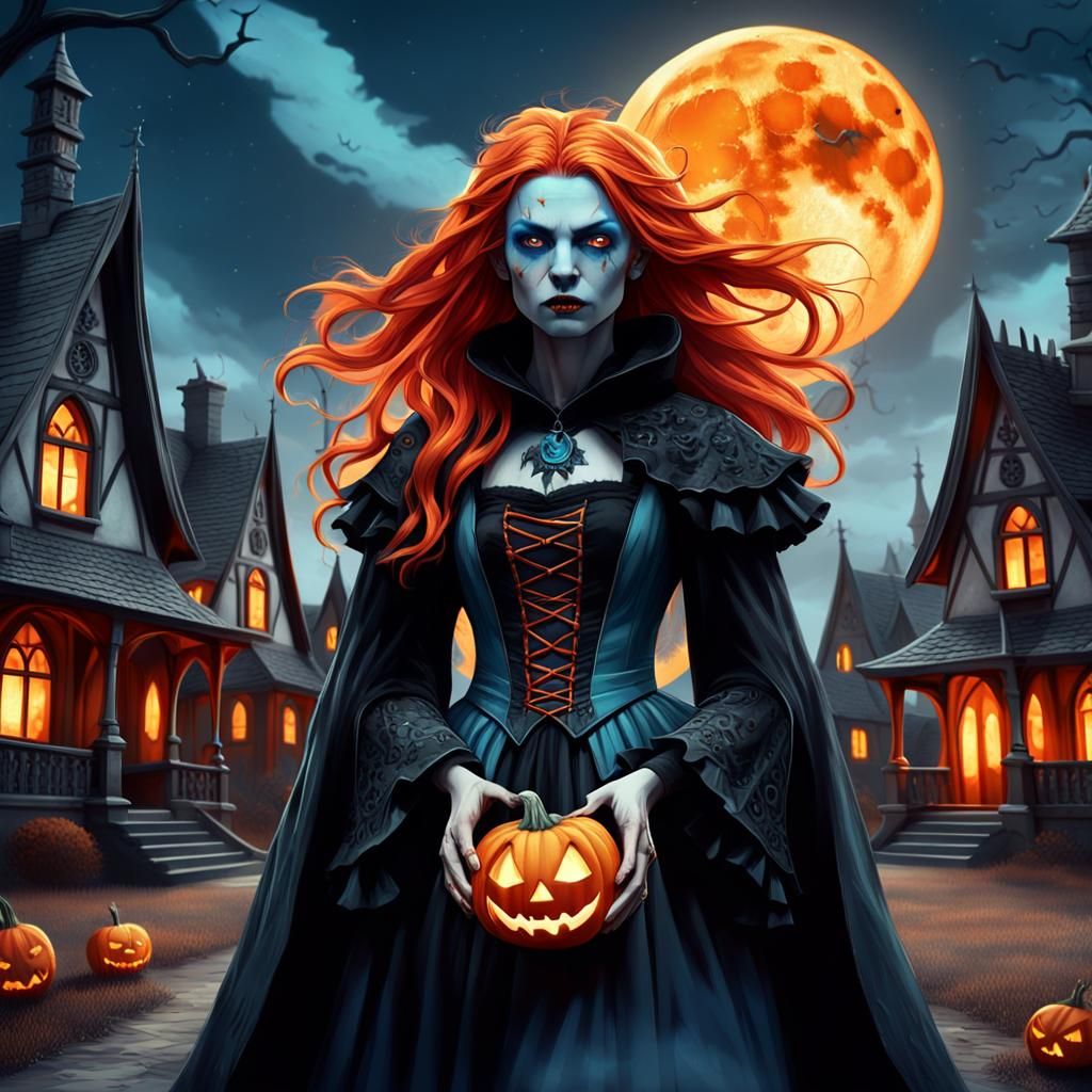 Mystical Witch with Fiery Hair in Gothic Setting