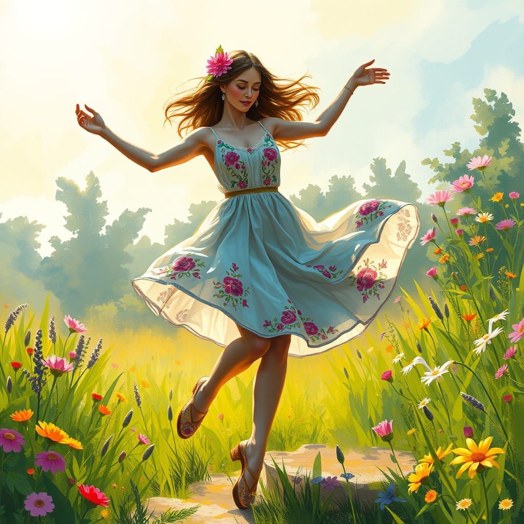 Ethereal Dancer in Embroidered Clogs, Surrounded by Lush Blo...