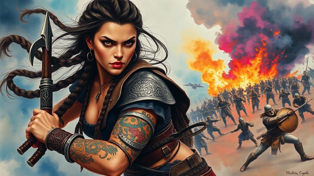 Latina Warrioress in Battle: Surrealist Watercolor Fantasy