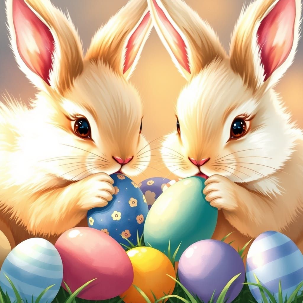 Colorful Bunnies Enjoying Easter Chocolate Eggs