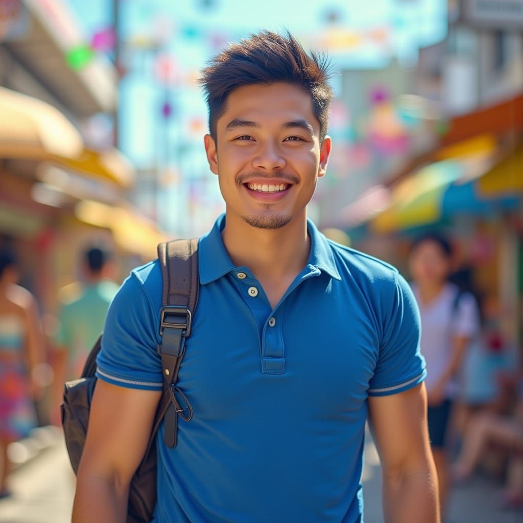 Muscular Korean Man in Blue Polo Smiles and Waves