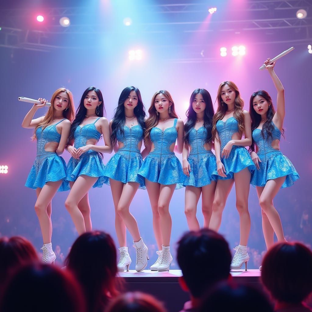 Vibrant K-Pop Group Shines on Stage with Eclectic Blue and W...