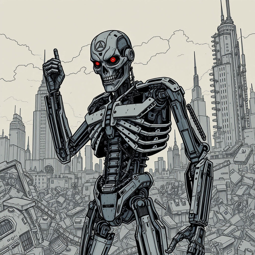 Doodle-Style Terminator Robot in Dystopian Landscape