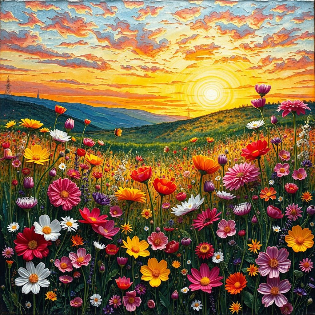 Whimsical Sunrise Meadow in Polychromatic Bloom