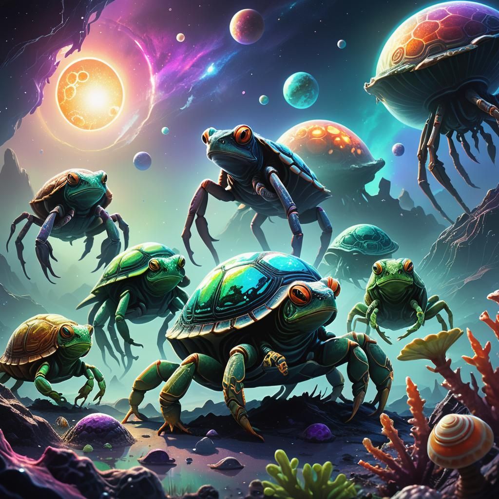 Exoplanet: Frog-Tortoise Alien Creatures in Neon Landscape