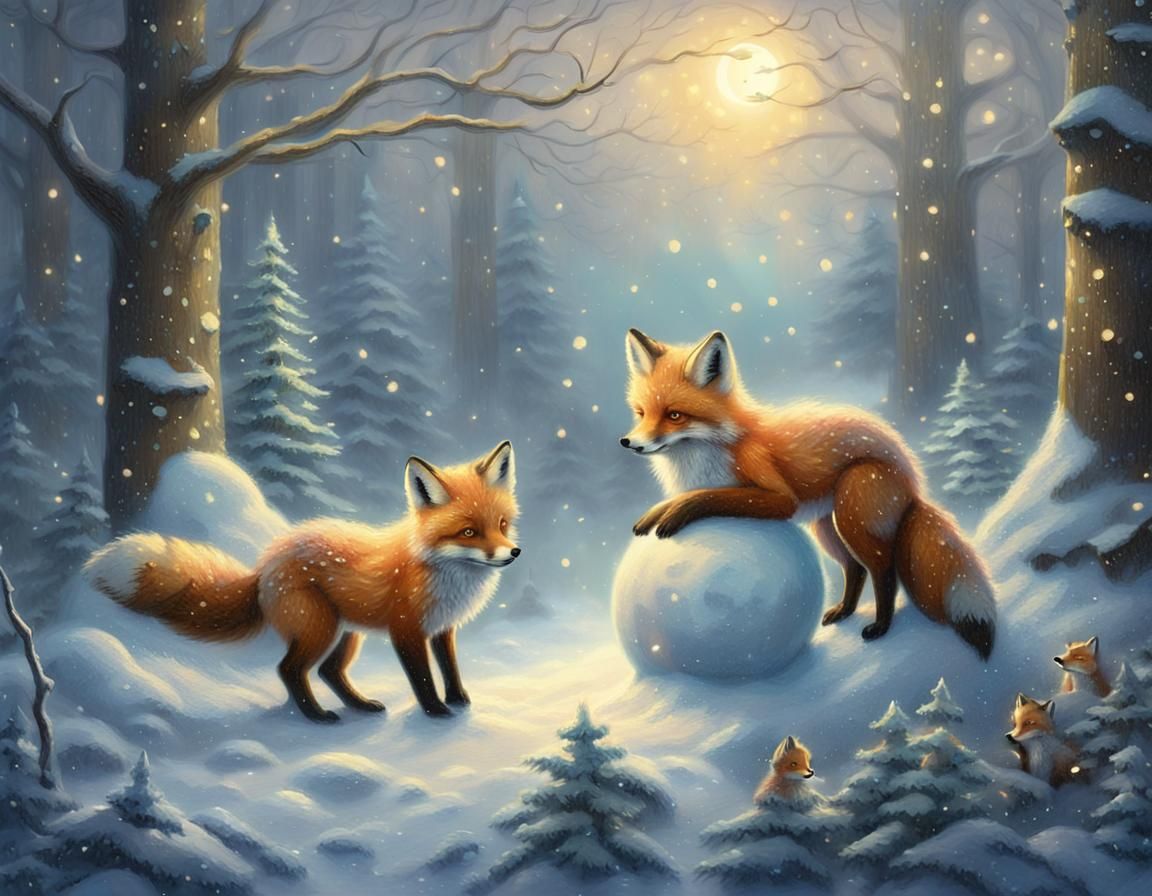 Baby Foxes Build Snowman in Winter Wonderland