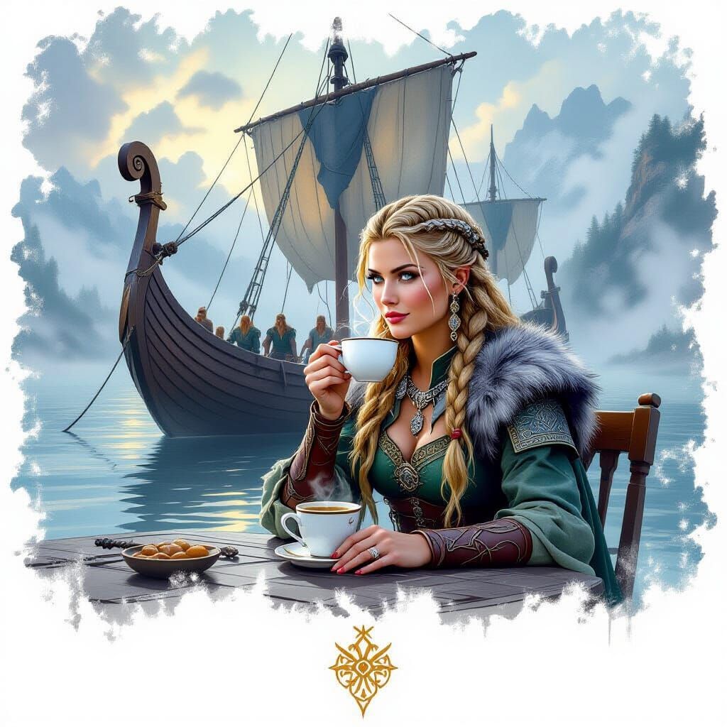 Viking Warrior with Coffee, Misty Longship in Kinkade Style