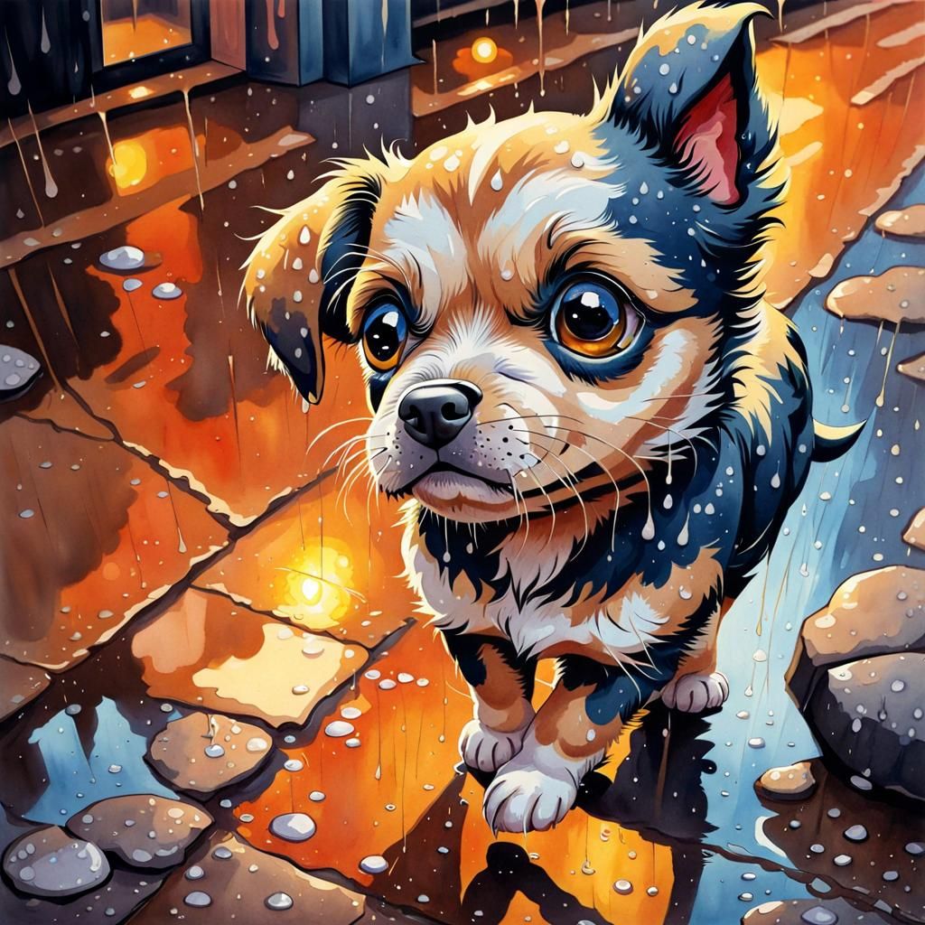 Sad Puppy in Rain: Watercolor Photorealistic Painting