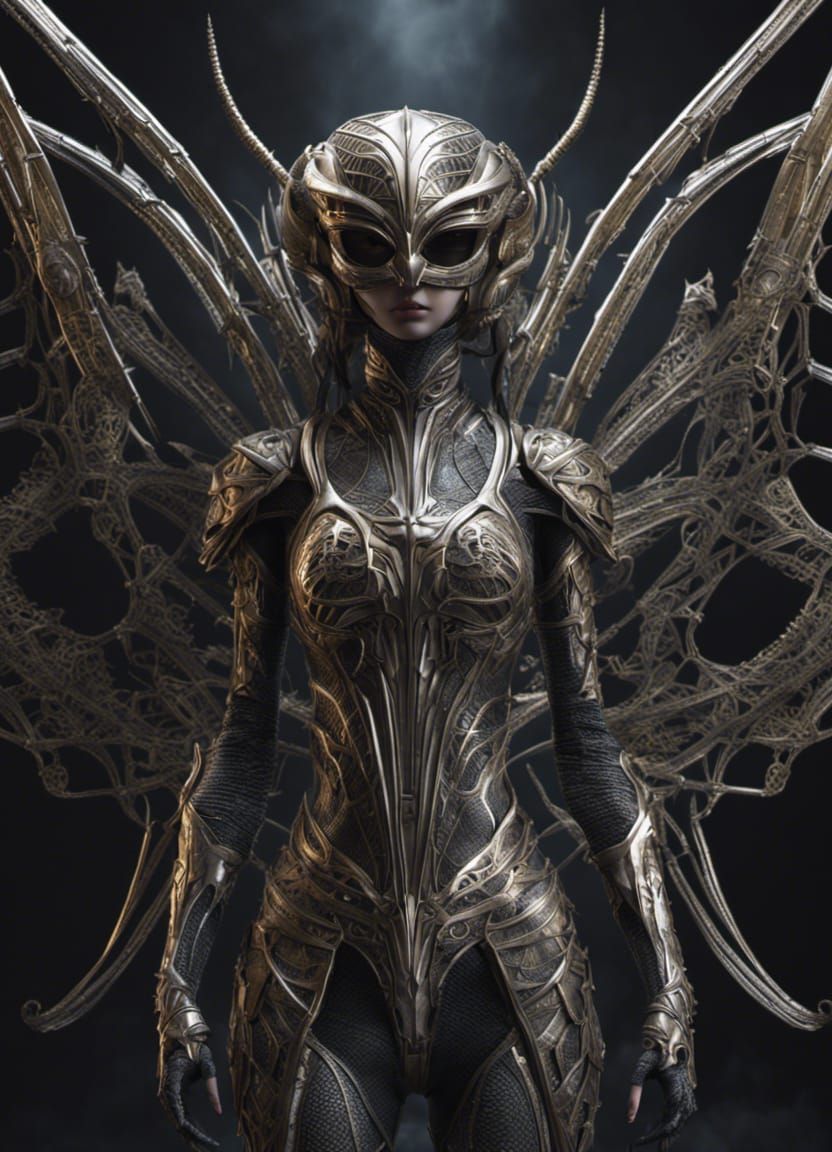 Armored Female Alien Entangled in Spiderwebs