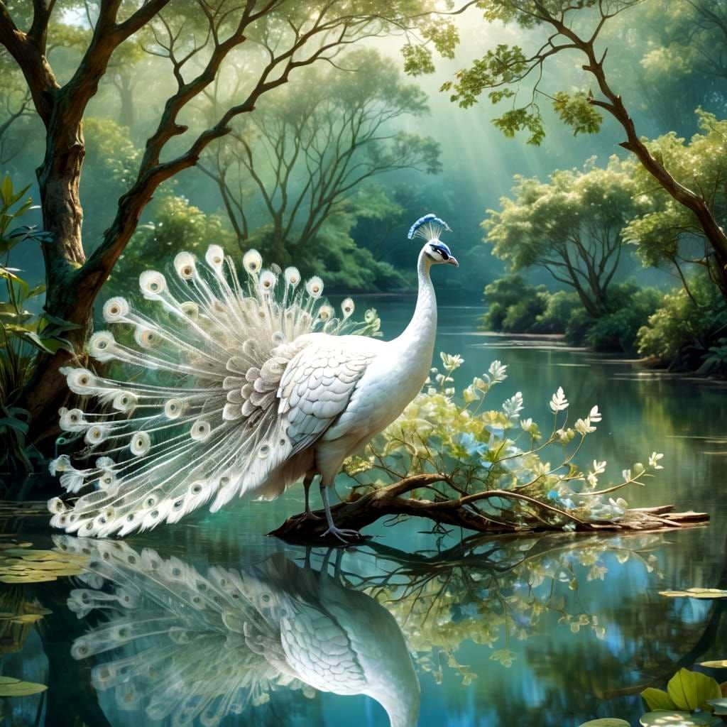 White Peacock Displaying Tail Feathers in Pastel Hues