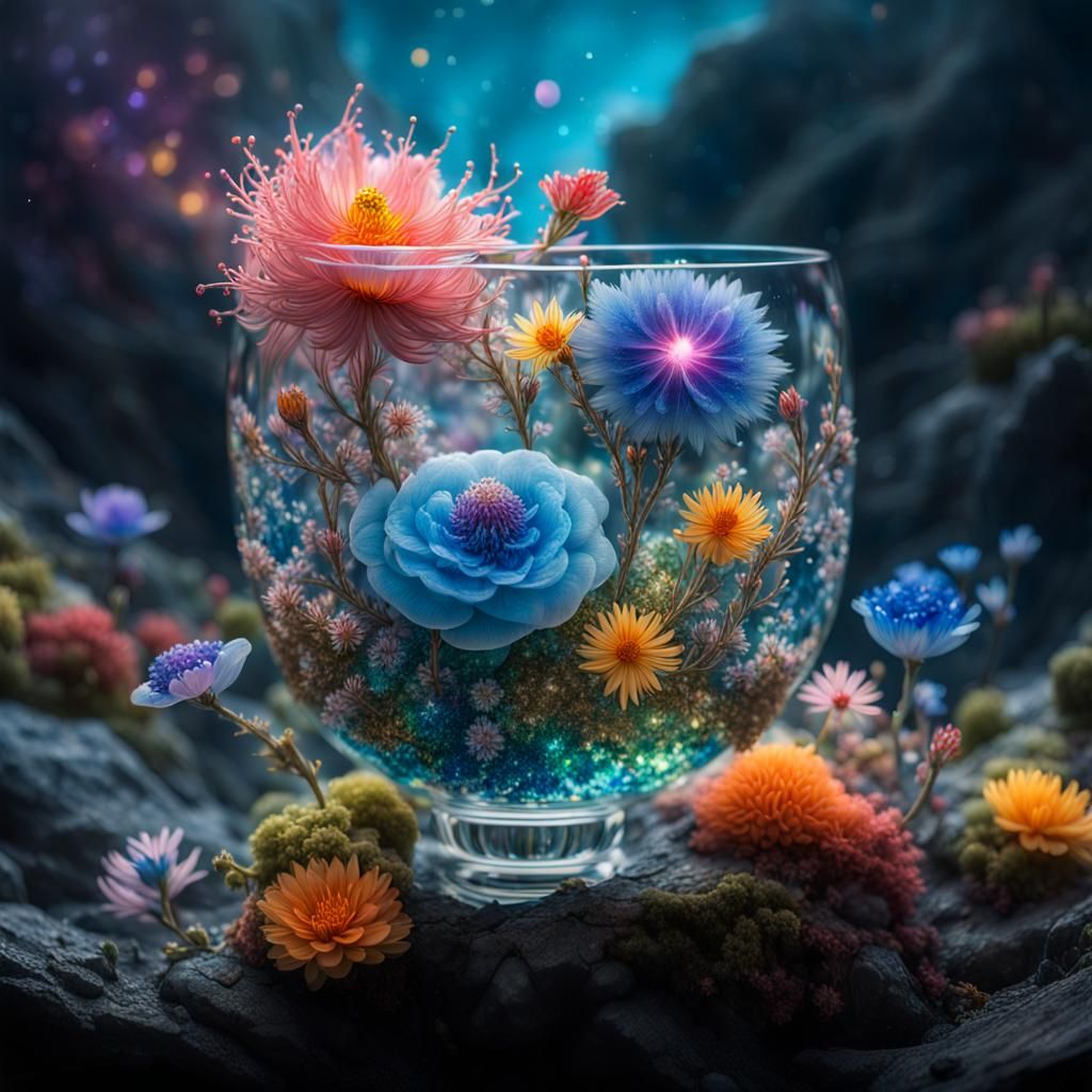 Shimmering Cup of Fantasy Flowers and Creatures