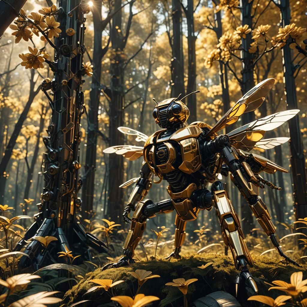 Robotic Bee in Metallic Forest, Sci-Fi Macro Photography