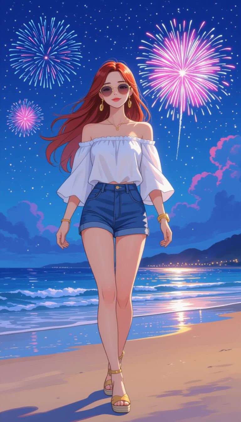 Korean Woman on Beach at Night in Anime Style