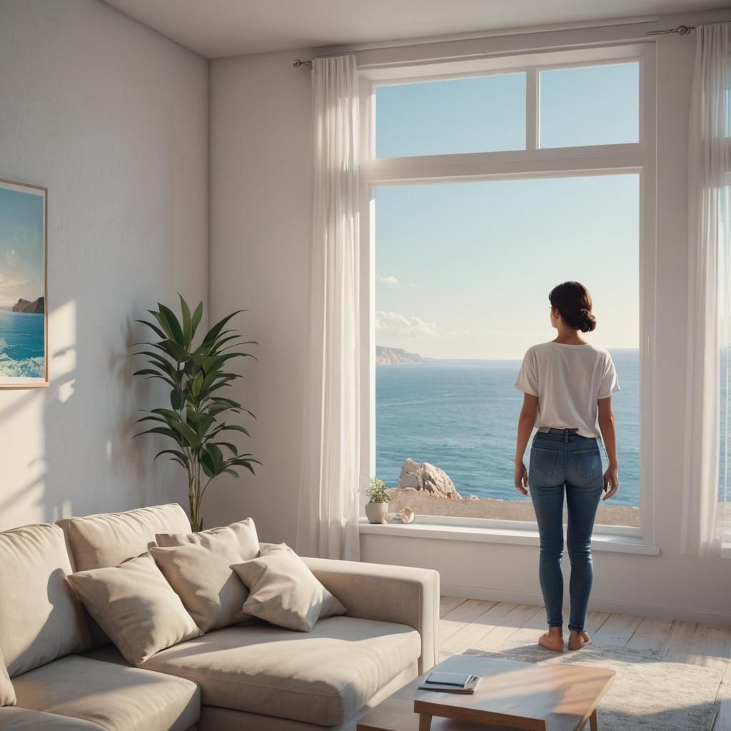 Serene Sea View in Modern Living Room: Digital Art