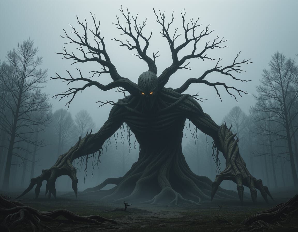 Ancient Leafless Tree Creature in Eerie Forest
