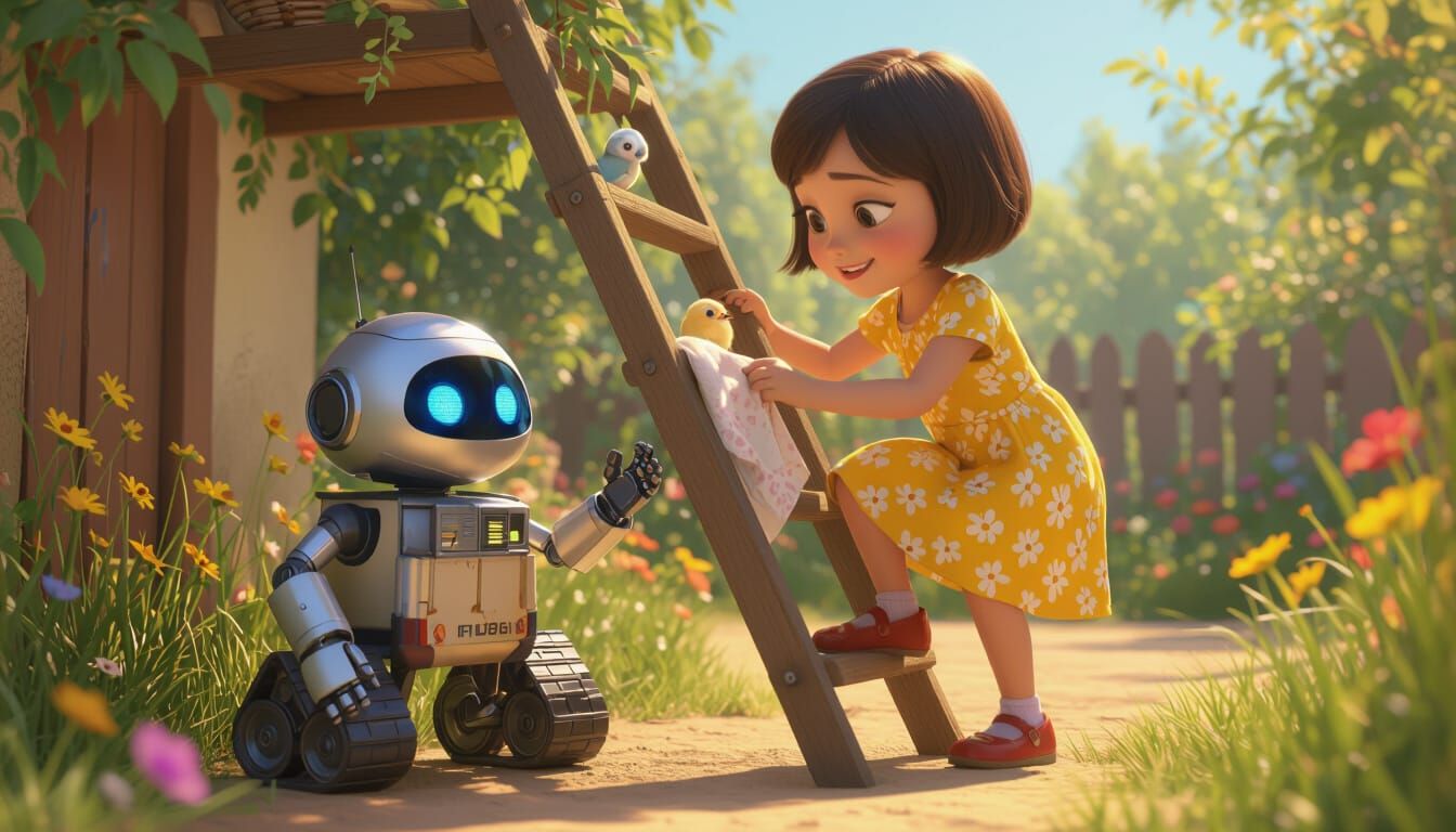 Girl Rescuing Bird with Robot in Pixar Style